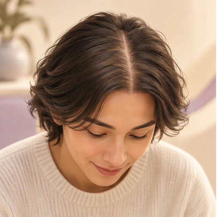Warm illustrated Day 1 hair baseline with a visible center part
