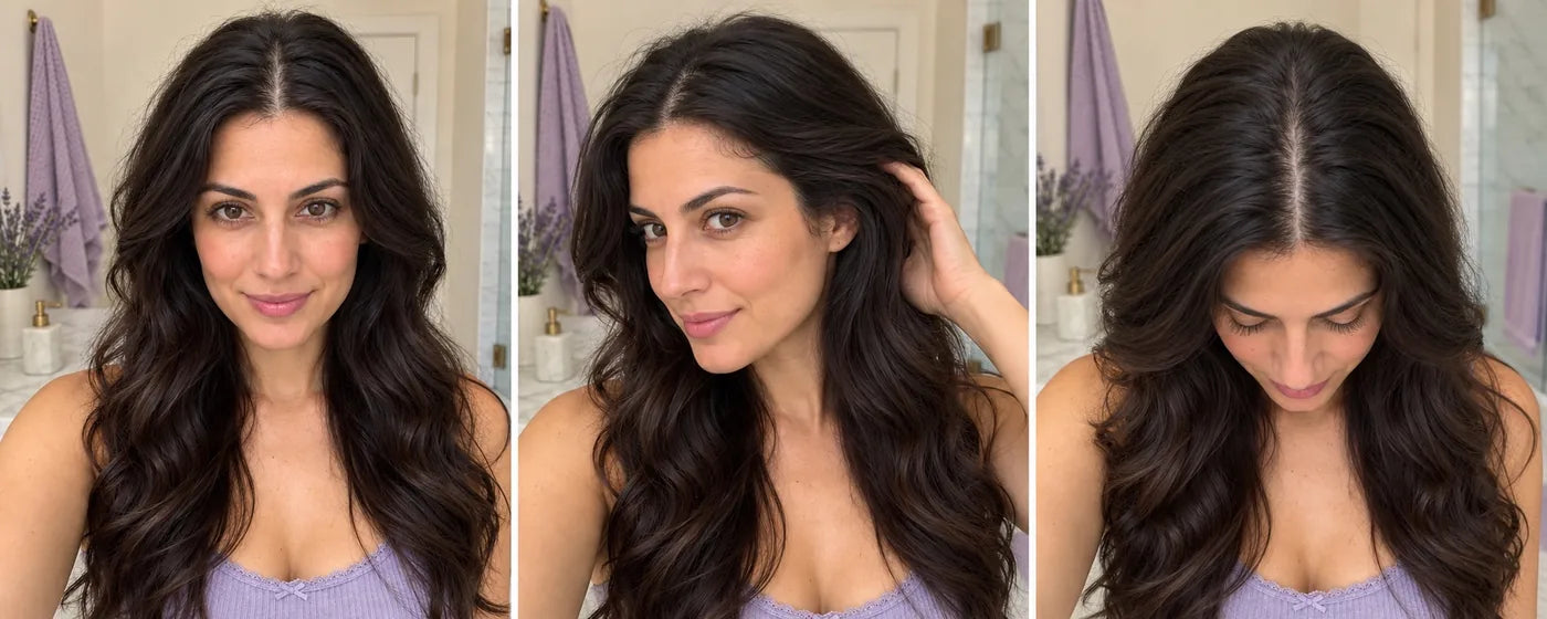 The same woman photographed from the front, side hairline, and crown for a guided hair analysis