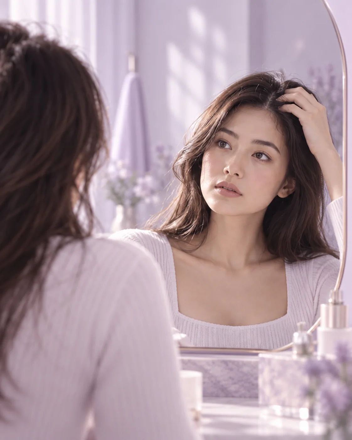 A woman gently checking her hairline in a softly lit bathroom mirror
