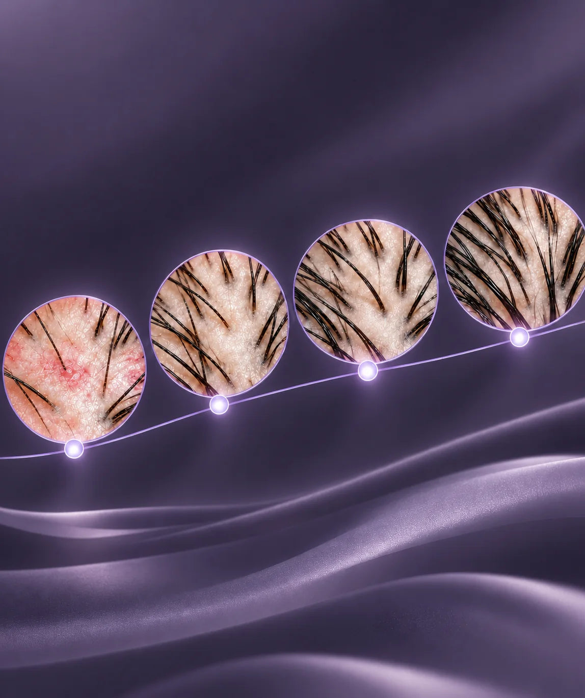 Four magnified scalp scans following a rising progress line from irritation toward a calmer scalp
